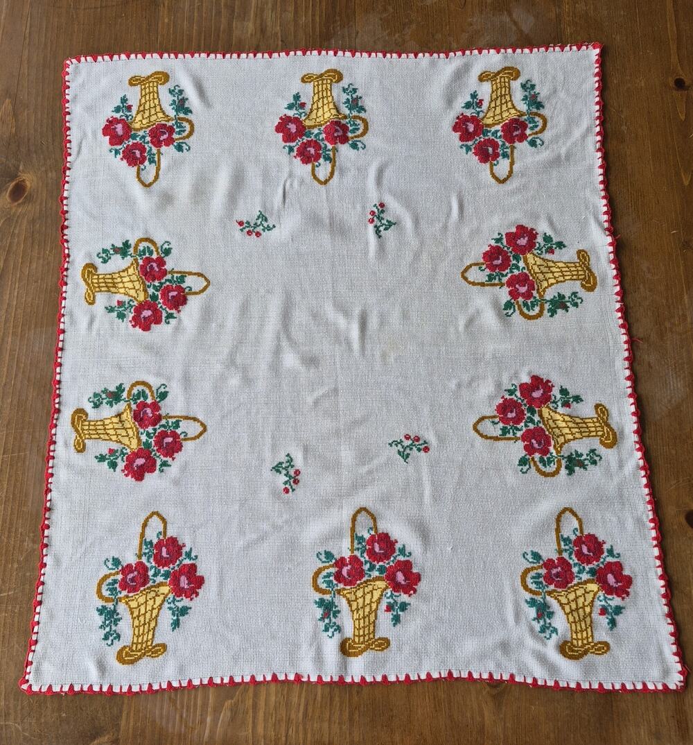 Vintage Hand Embroidered 34 X 31 Flower Baskets Festive Retro Home